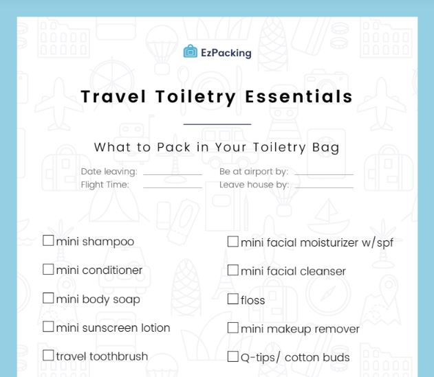 Travel Toiletry Essentials Packing List EzPacking, Inc