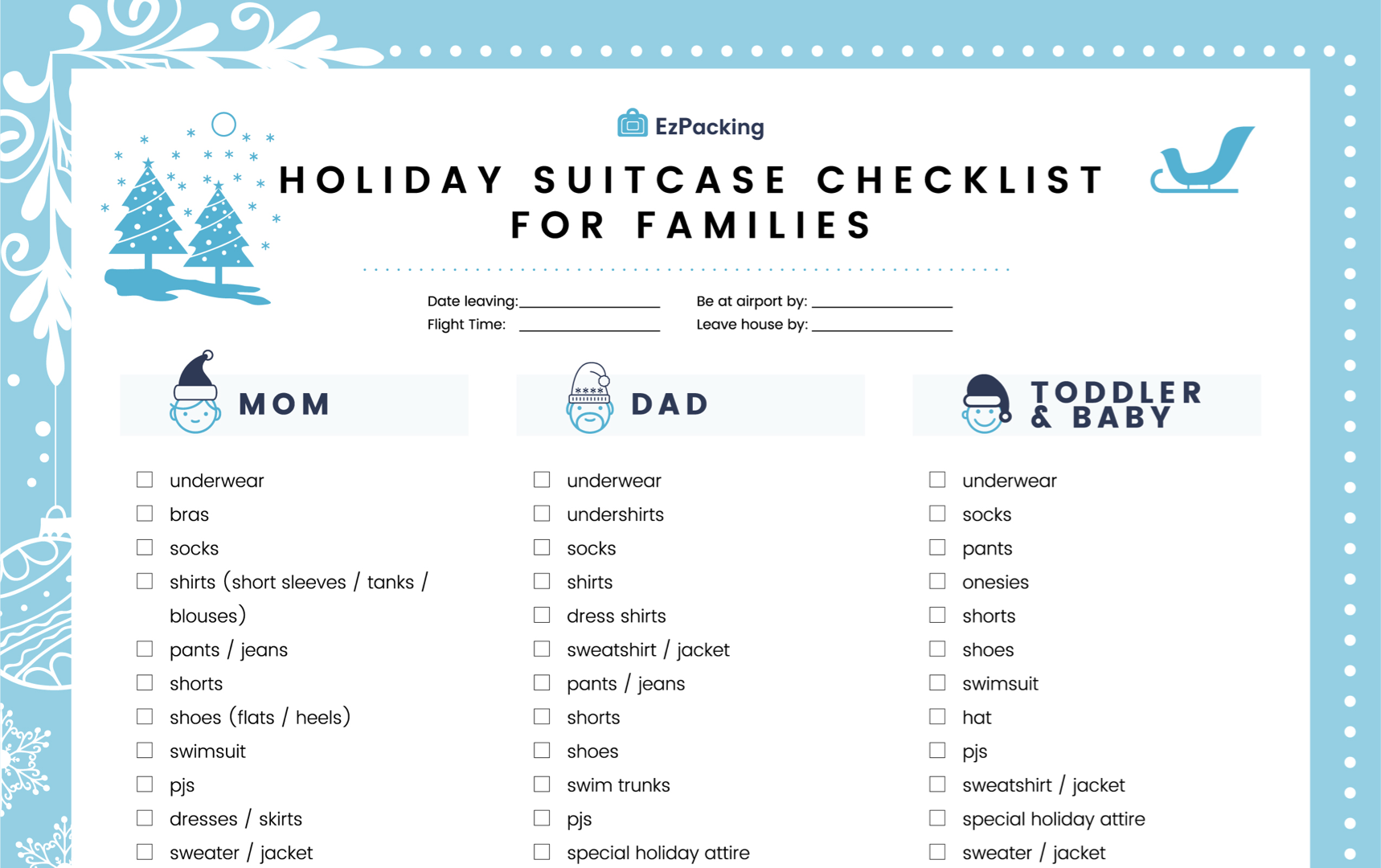 Packing list for holiday trip EzPacking, Inc